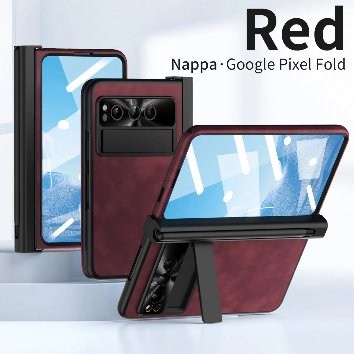 Compatible with Google Pixel Fold phone case, vegan leather folding protective case with pen slot hinge.