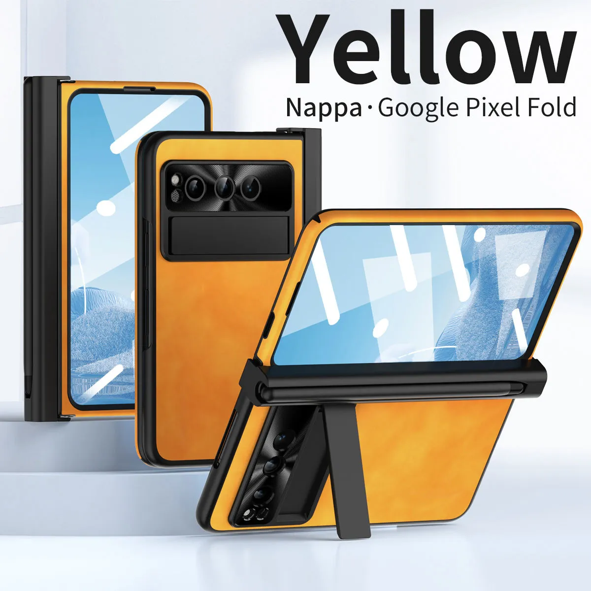 Compatible with Google Pixel Fold phone case, vegan leather folding protective case with pen slot hinge.
