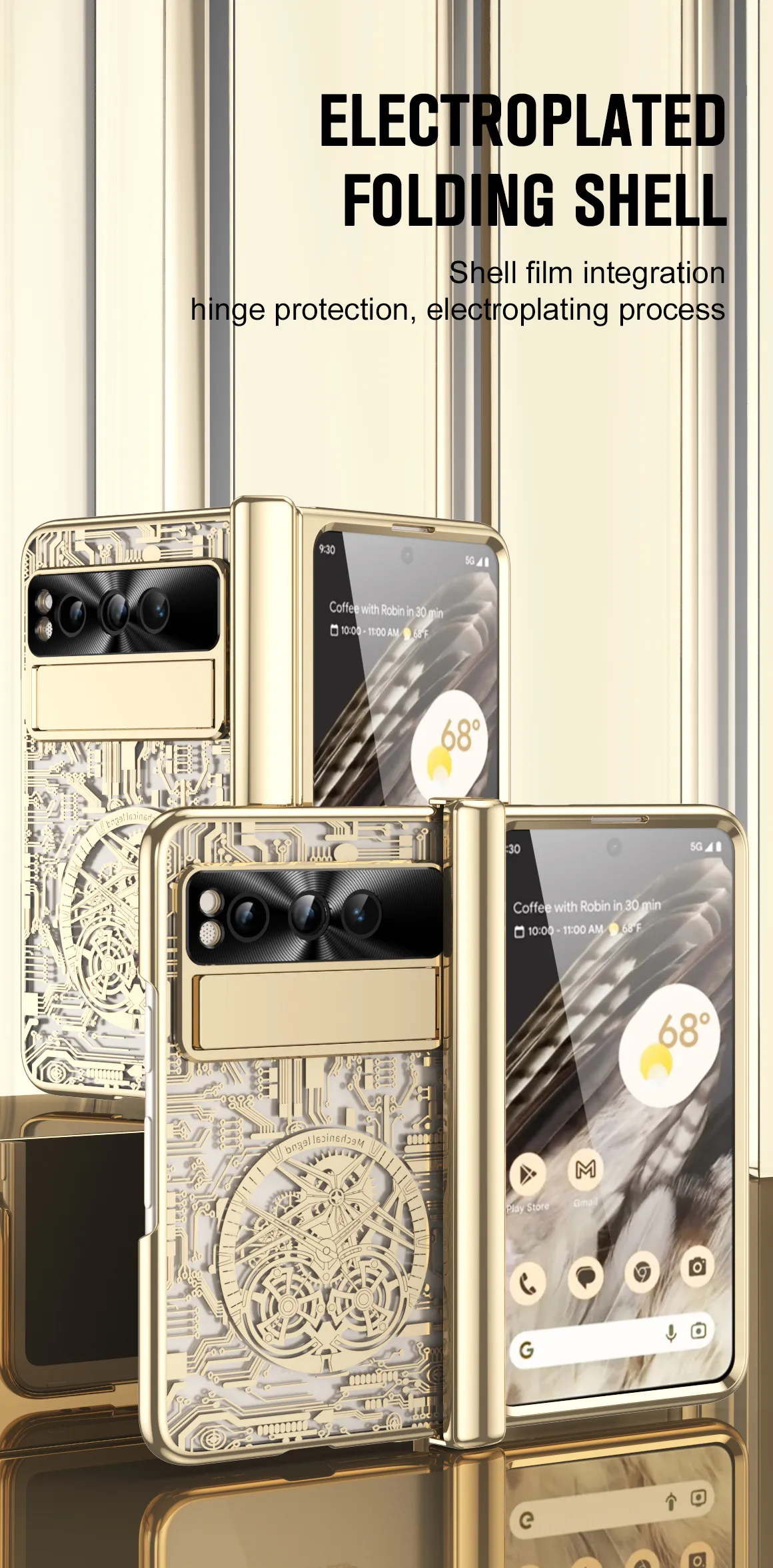 Google Pixel Fold phone case, electroplated pen slot, full coverage for drop protection.