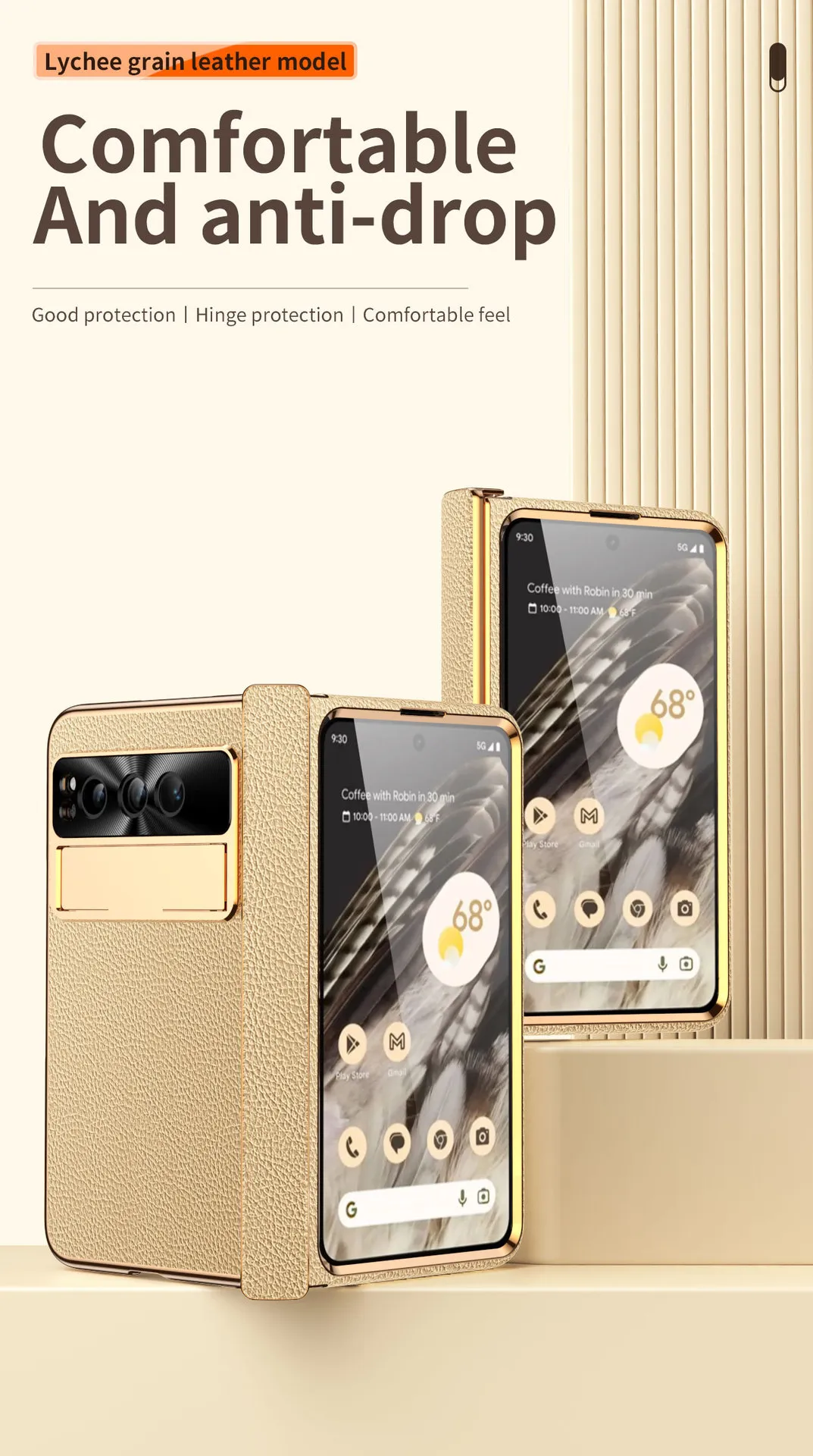Compatible with Google Pixel Fold phone case, vegan leather, folding hinge, full-coverage drop protection.