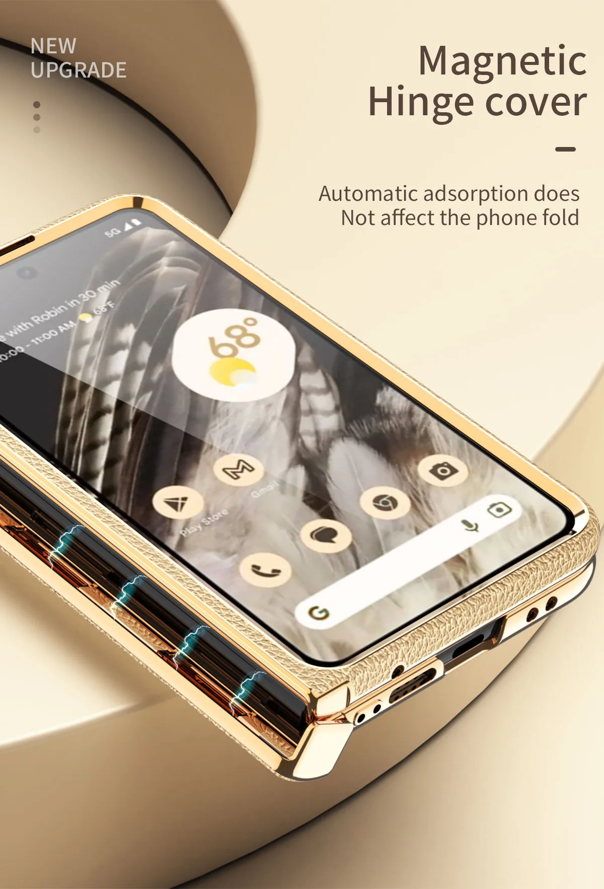 Compatible with Google Pixel Fold phone case, vegan leather, folding hinge, full-coverage drop protection.