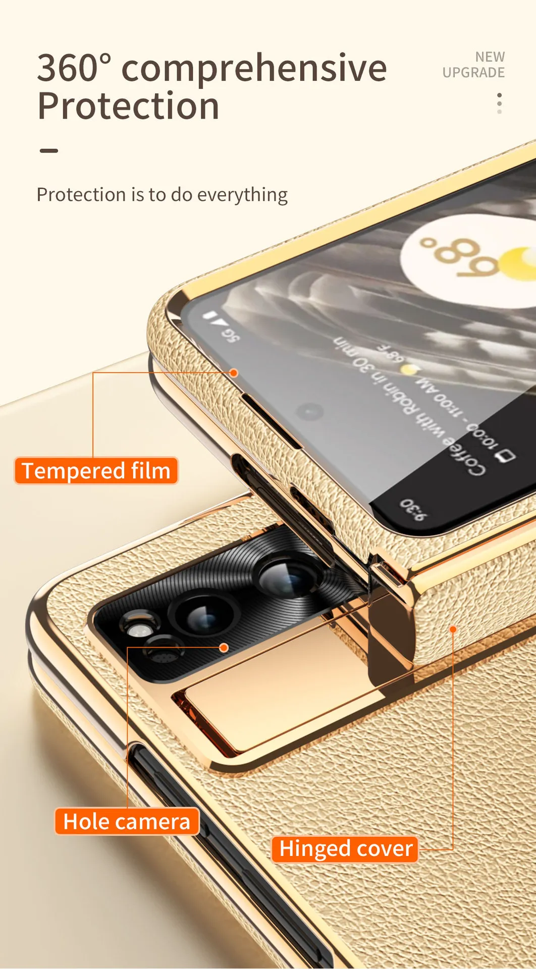 Compatible with Google Pixel Fold phone case, vegan leather, folding hinge, full-coverage drop protection.