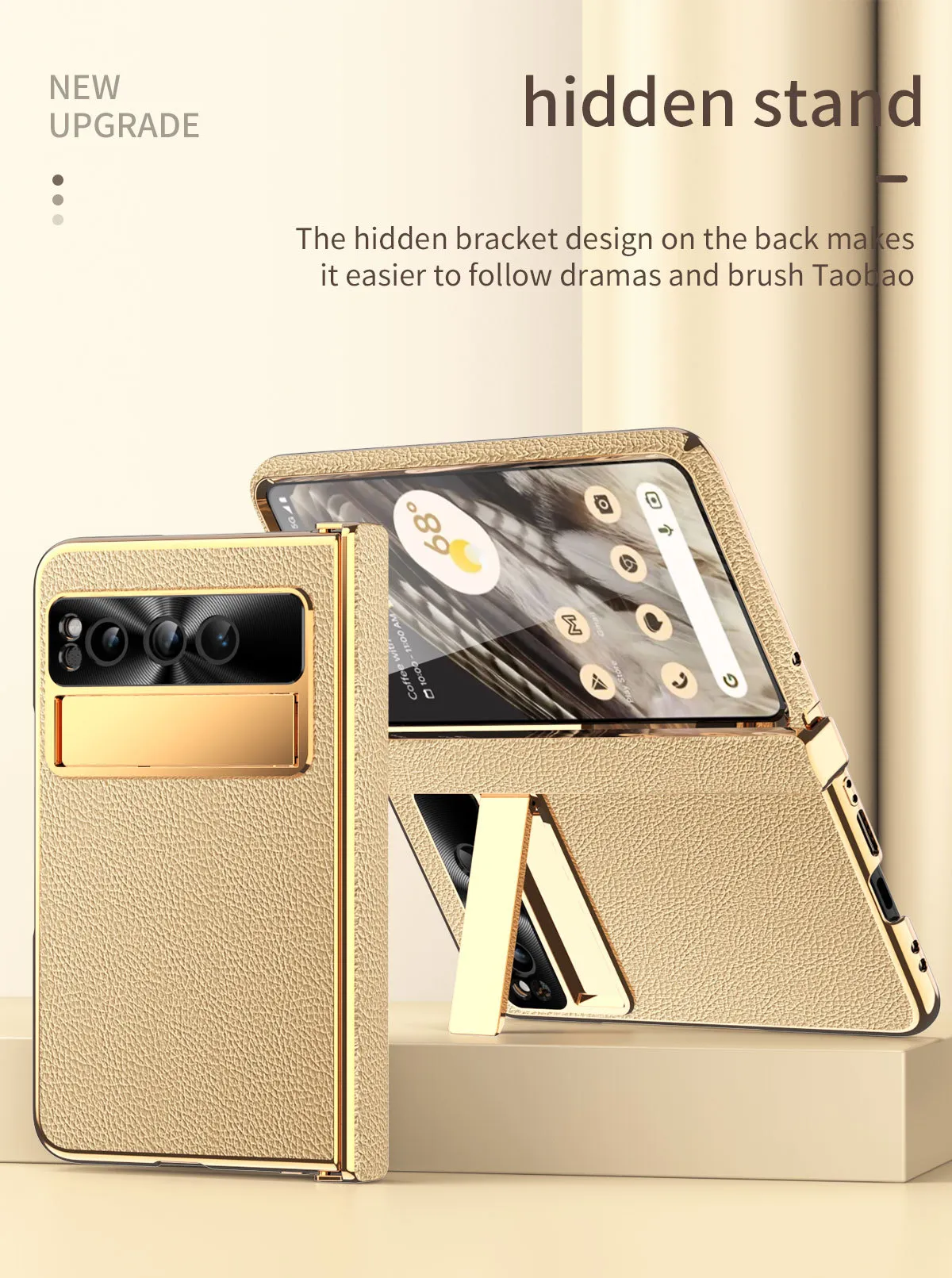 Compatible with Google Pixel Fold phone case, vegan leather, folding hinge, full-coverage drop protection.