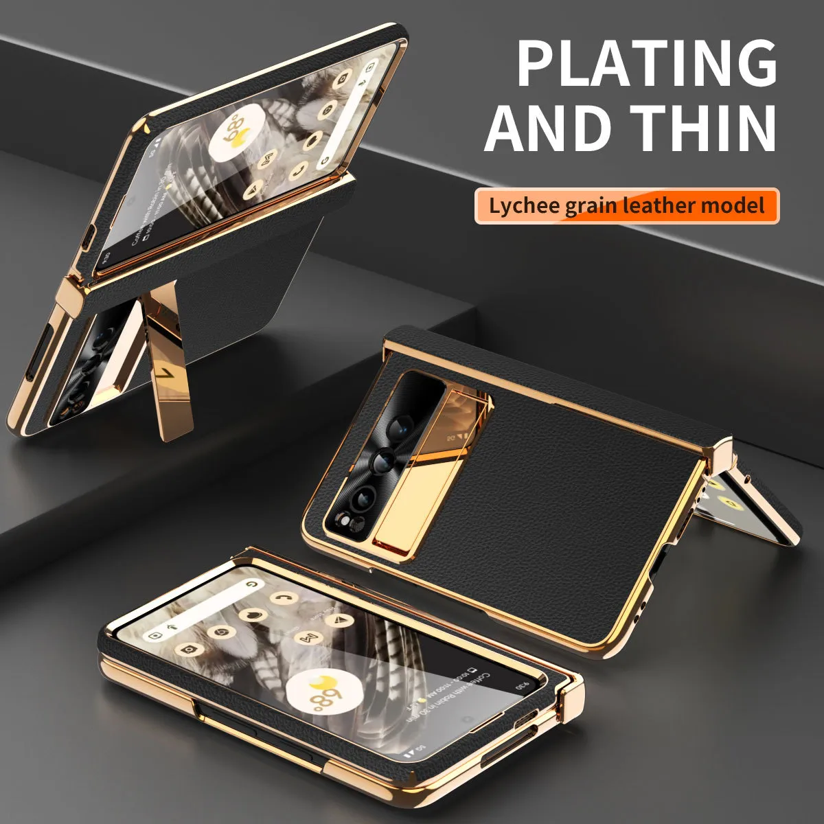 Compatible with Google Pixel Fold phone case, vegan leather, folding hinge, full-coverage drop protection.