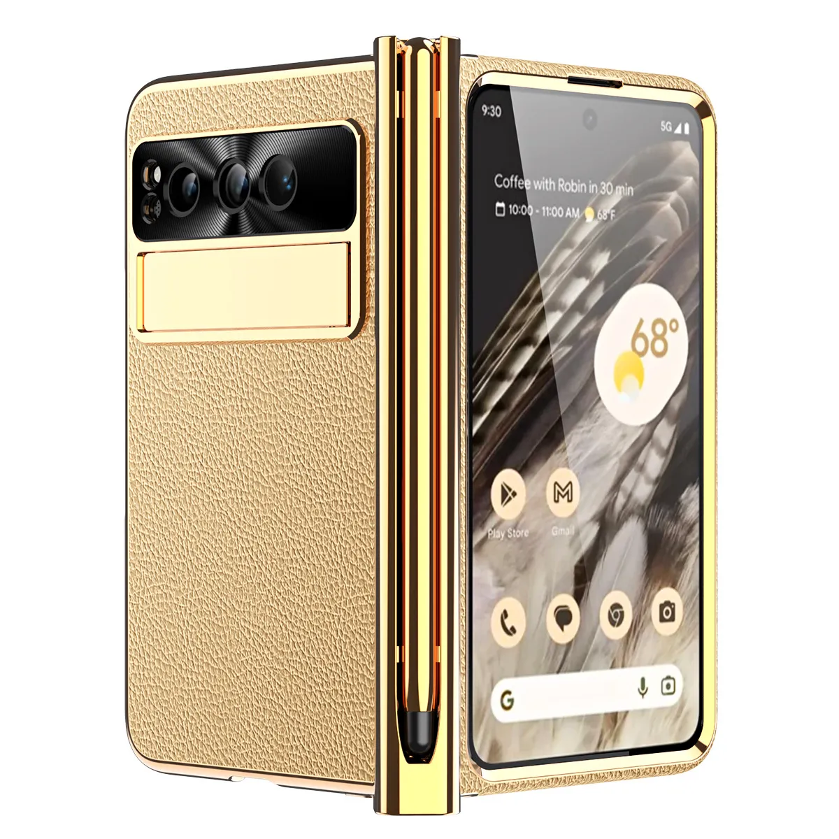 Compatible with Google Pixel Fold phone case, vegan leather, folding pen slot hinge, drop protection.