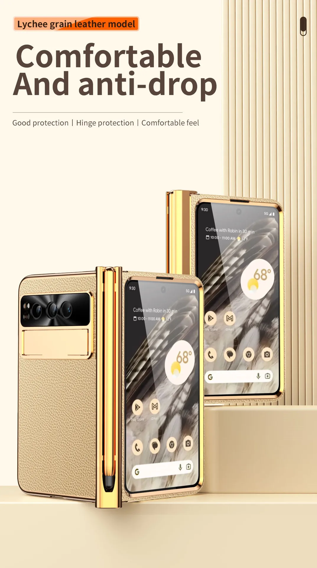 Compatible with Google Pixel Fold phone case, vegan leather, folding pen slot hinge, drop protection.