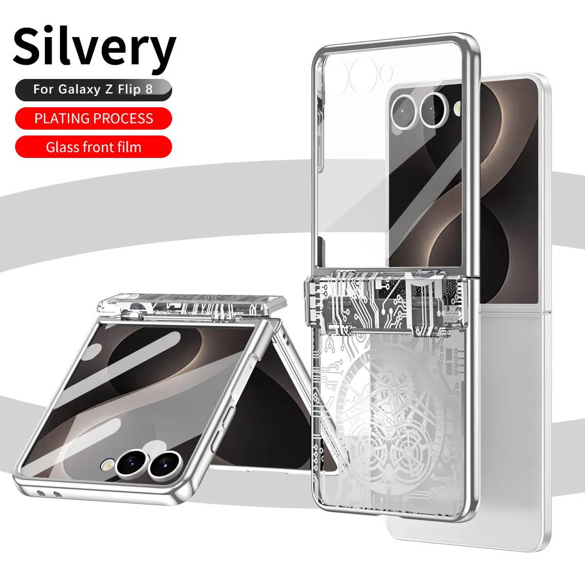 Compatible with Samsung Flip 8 phone case, FLIP 7 foldable screen, luxury electroplated transparent hinge, full-coverage drop-proof protective case.
