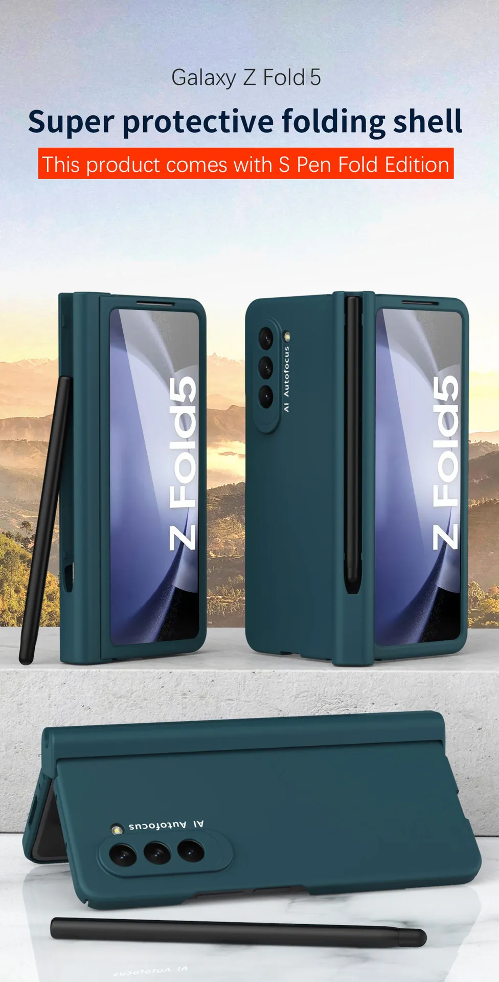 Compatible with Samsung Zfold 5 phone case with stylus slot, FOLD4 ultra-thin fold 3 solid color full-coverage protective case, stylus pen.