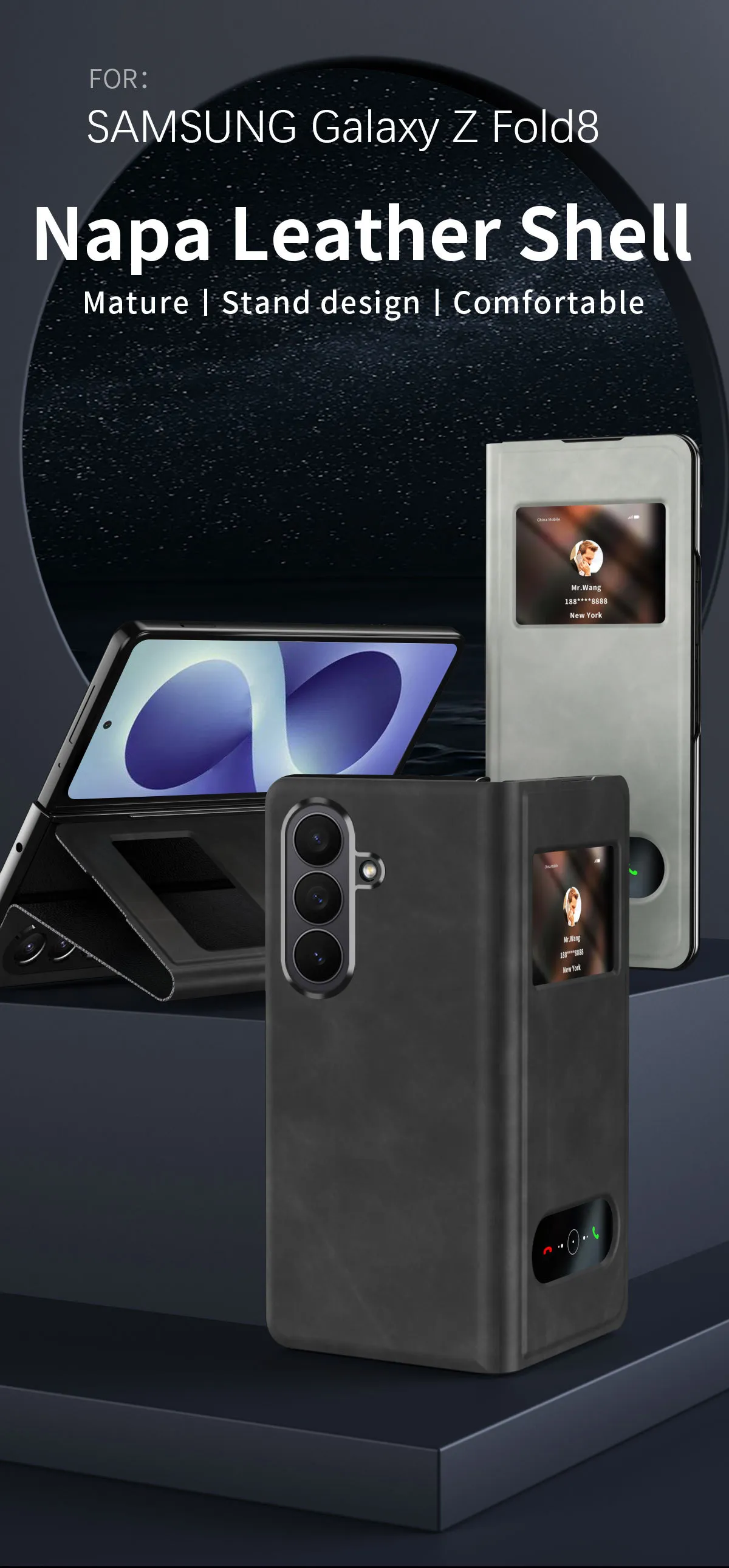 Compatible Samsung ZFold 8 Ultra phone case, FOLD8 folding protective case, vegan leather business full-coverage shockproof case