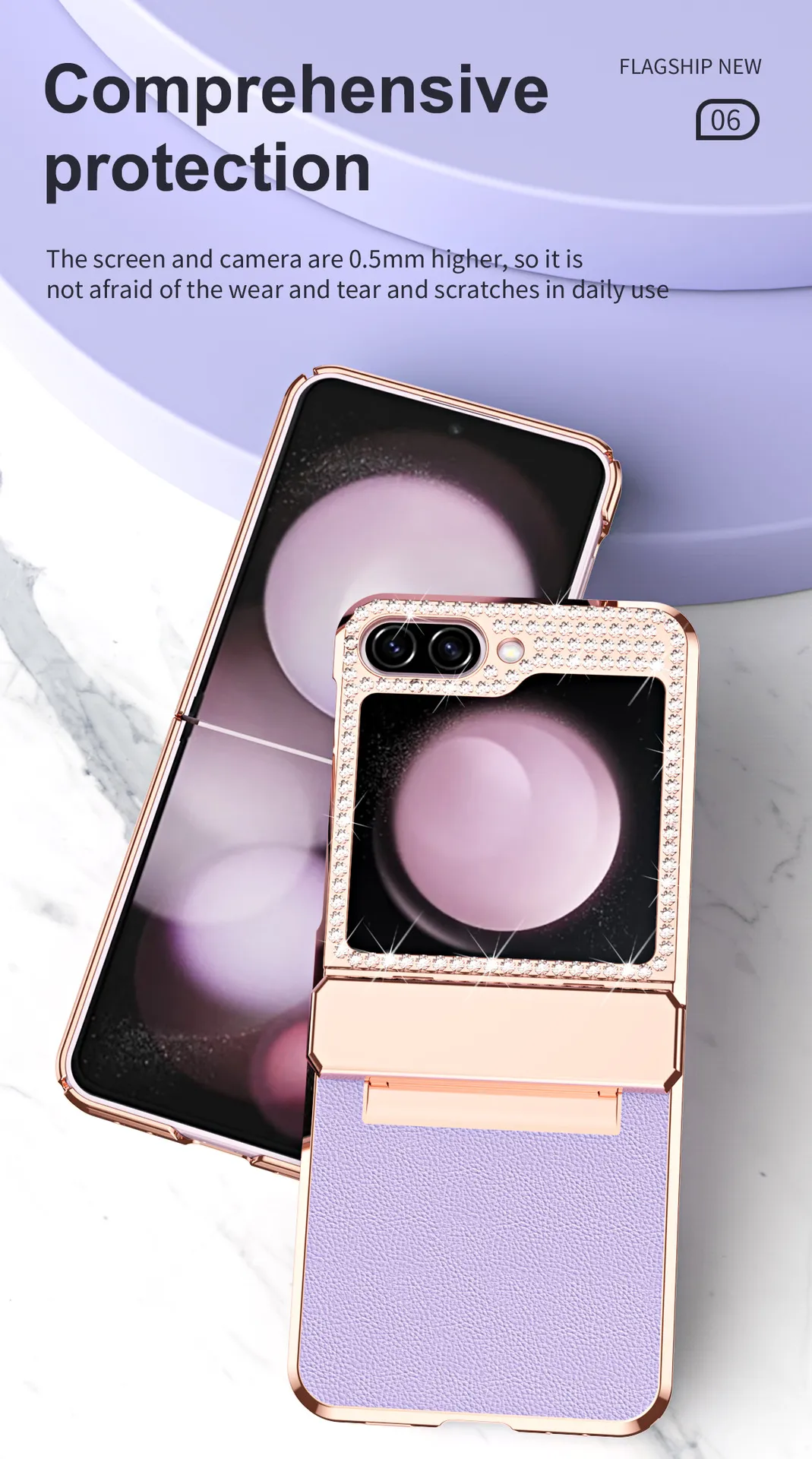 Compatible with Samsung ZFlip FE phone case, ZFLIP 6 foldable screen diamond leather hinge full-coverage drop protection leather