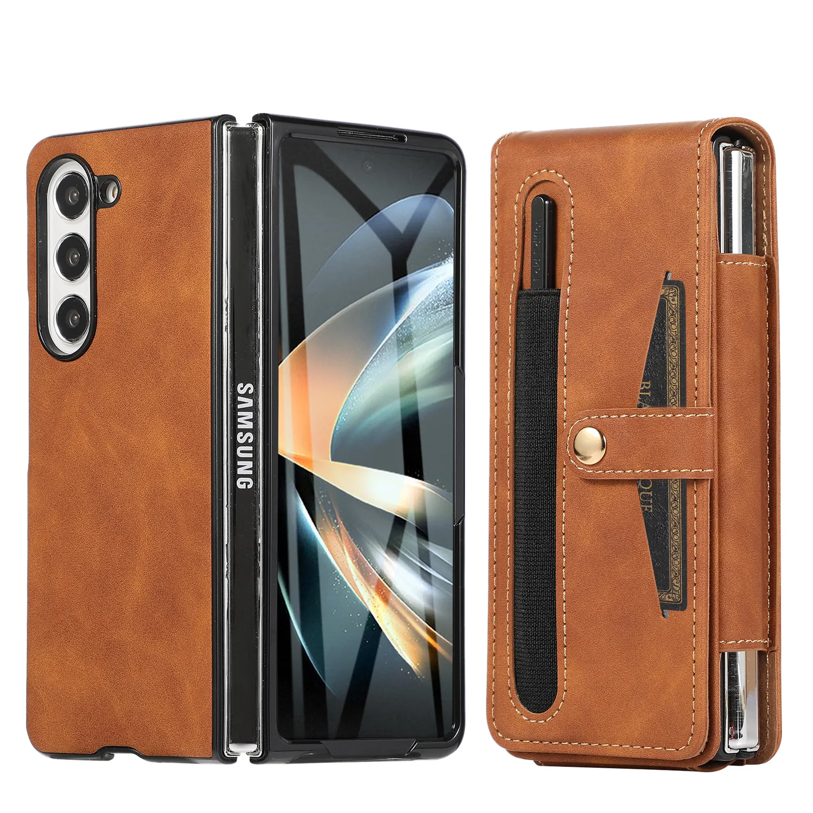 Samsung Fold5 phone case, FOLD4 foldable screen magnetic protective case, solid color outdoor full-coverage anti-drop leather case.