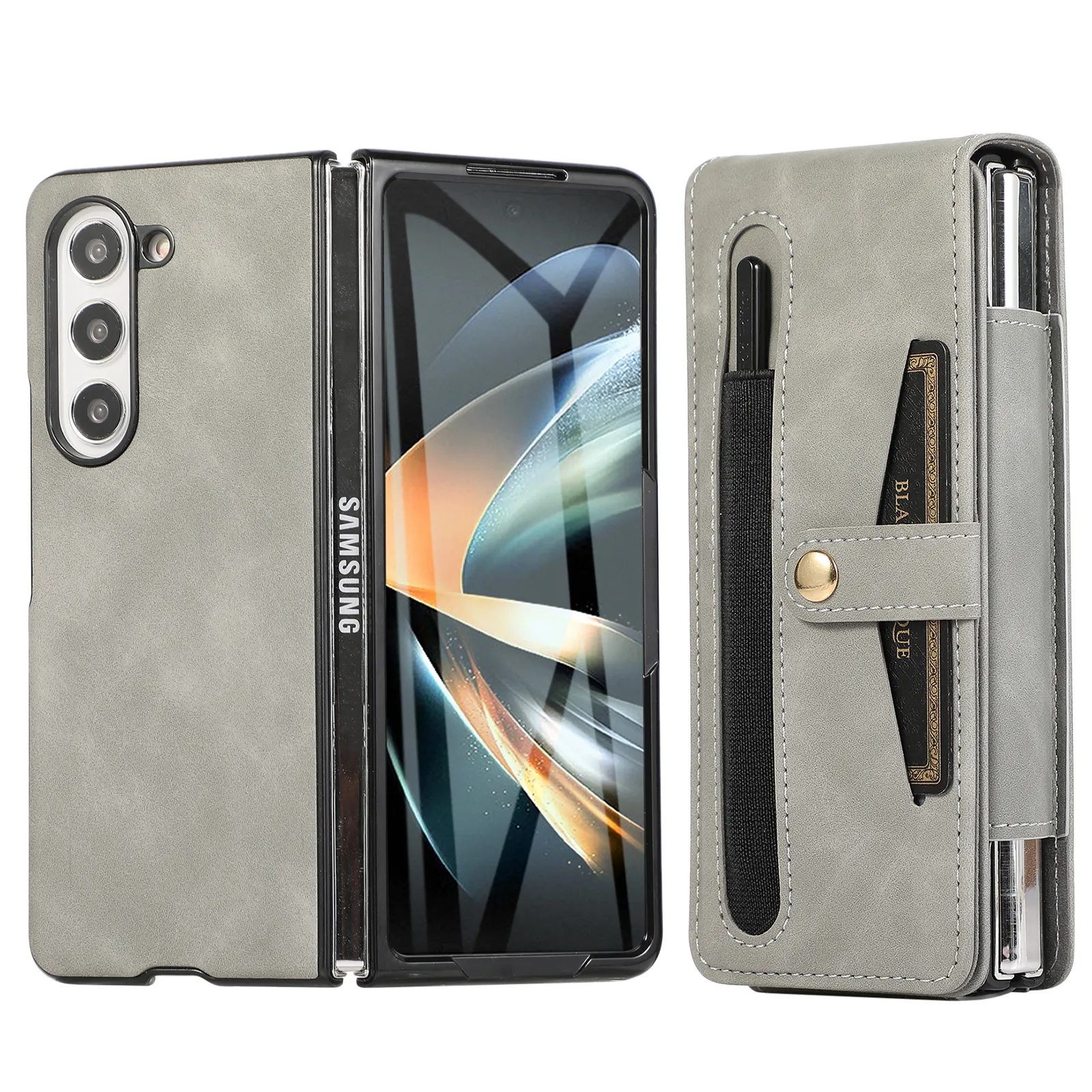 Samsung Fold5 phone case, FOLD4 foldable screen magnetic protective case, solid color outdoor full-coverage anti-drop leather case.