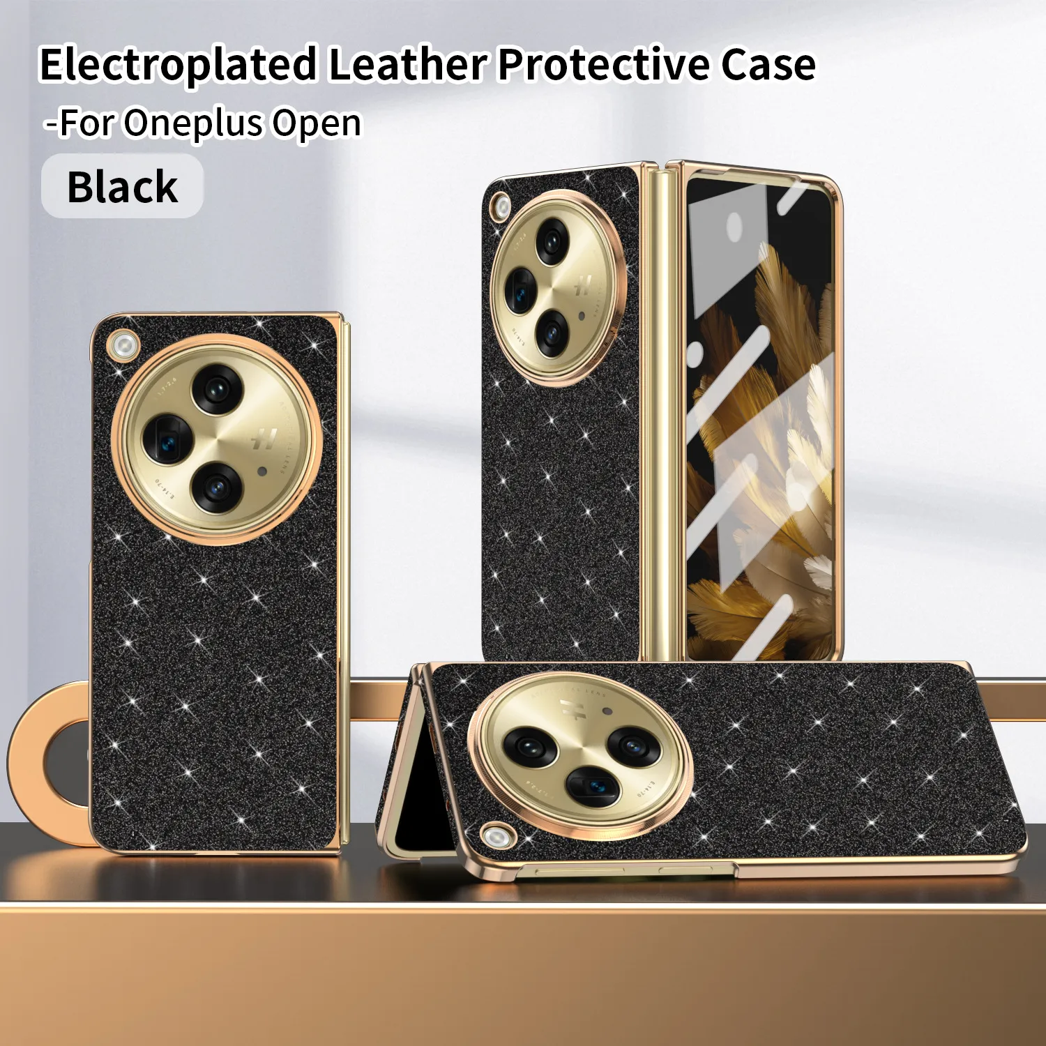 Suitable for OnePlus Open foldable phone case and screen protector, integrated electroplated glitter leather drop-proof protective case