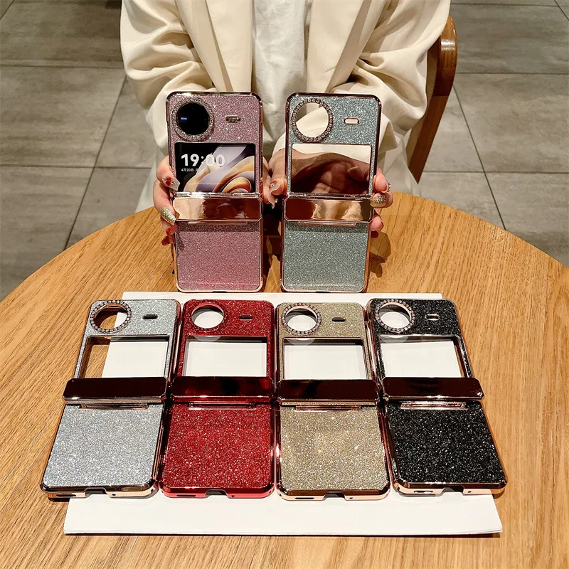 Compatible with vivo x Flip phone case, X FLIP foldable screen protective case, glitter diamond vegan leather, full coverage, drop protection.