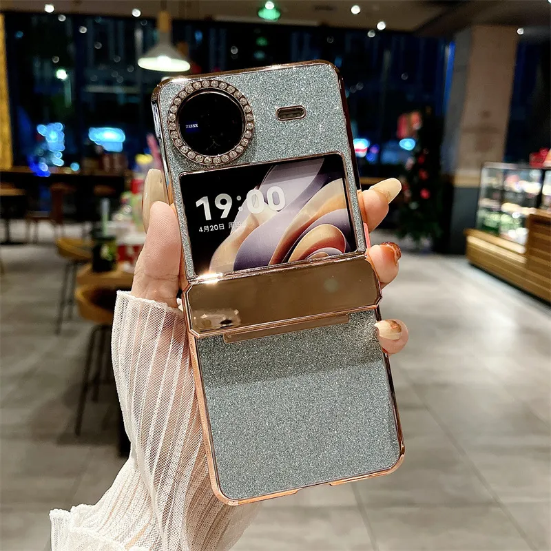Compatible with vivo x Flip phone case, X FLIP foldable screen protective case, glitter diamond vegan leather, full coverage, drop protection.
