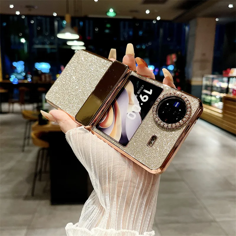 Compatible with vivo x Flip phone case, X FLIP foldable screen protective case, glitter diamond vegan leather, full coverage, drop protection.