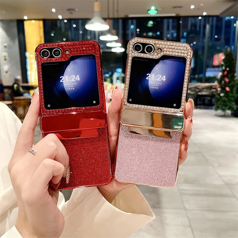 Compatible with Samsung ZFlip 6 phone case, ZFLIP 5 foldable screen diamond leather hinge full-coverage drop-proof protective case