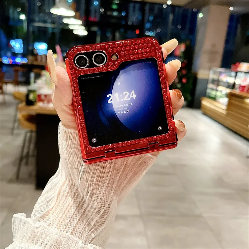 Compatible with Samsung ZFlip 6 phone case, ZFLIP 5 foldable screen diamond leather hinge full-coverage drop-proof protective case