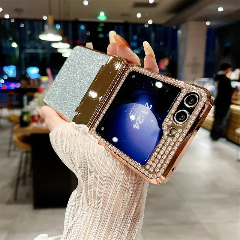 Compatible with Samsung ZFlip 6 phone case, ZFLIP 5 foldable screen diamond leather hinge full-coverage drop-proof protective case