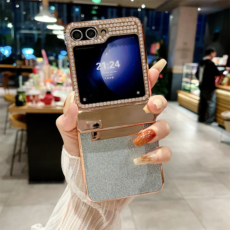 Compatible with Samsung ZFlip 6 phone case, ZFLIP 5 foldable screen diamond leather hinge full-coverage drop-proof protective case