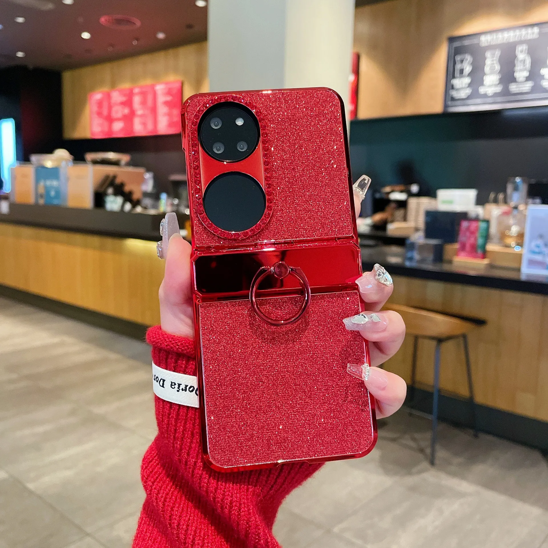Huawei Pocket 2 phone case, P50 foldable screen protective leather case, glittery vegan leather, New Year case, hinge protection, drop-proof.