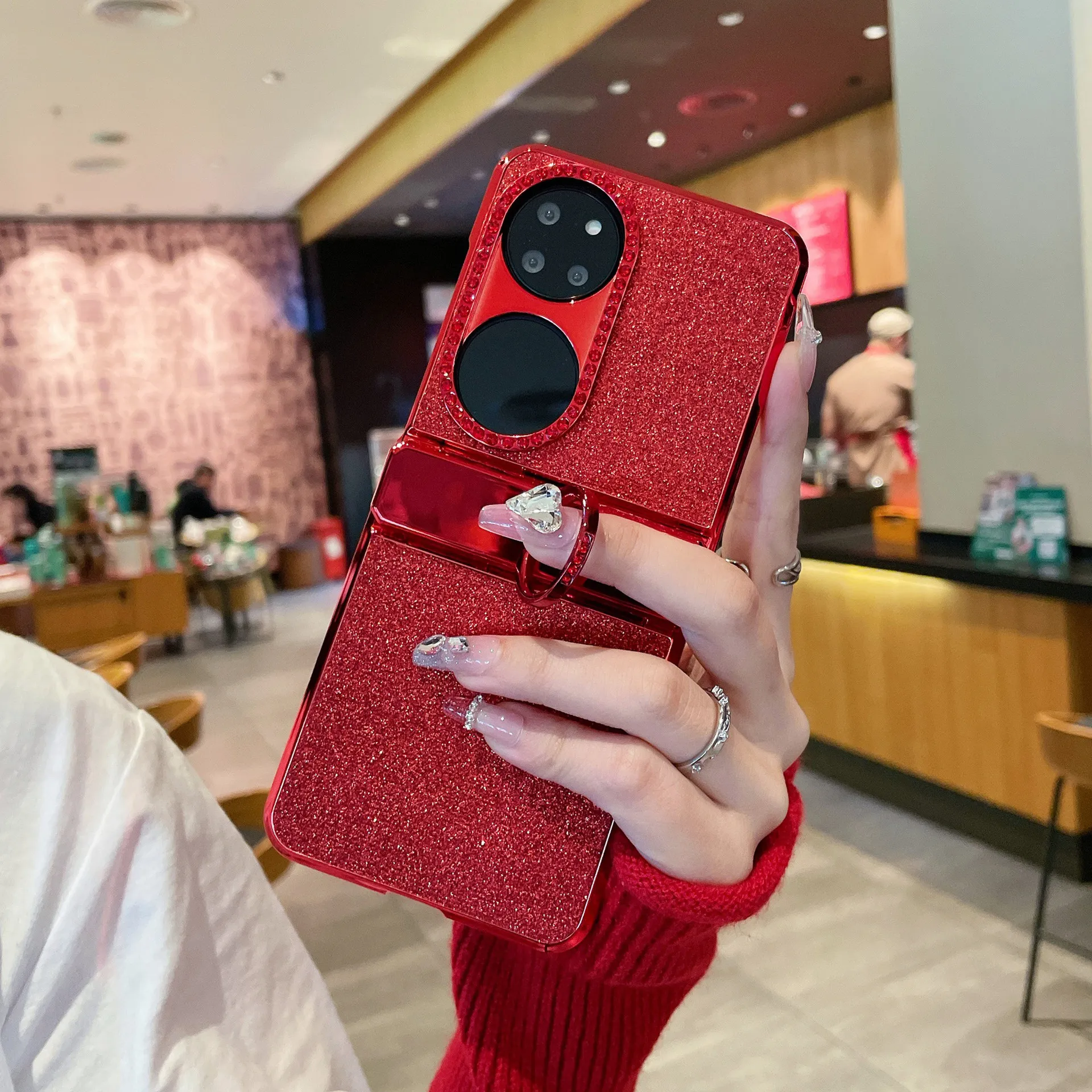 Huawei Pocket 2 phone case, P50 foldable screen protective leather case, glittery vegan leather, New Year case, hinge protection, drop-proof.