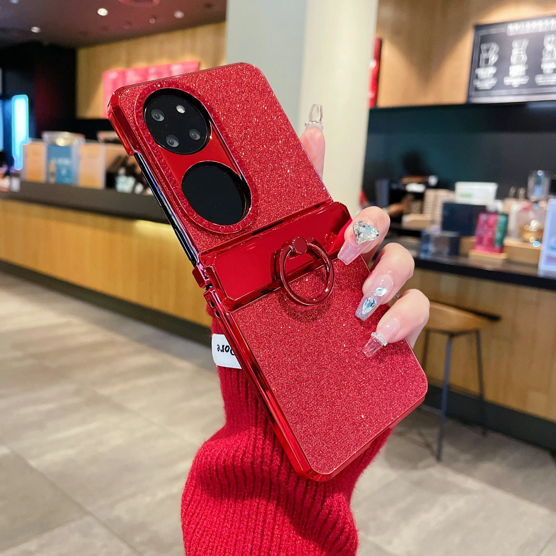 Huawei Pocket 2 phone case, P50 foldable screen protective leather case, glittery vegan leather, New Year case, hinge protection, drop-proof.