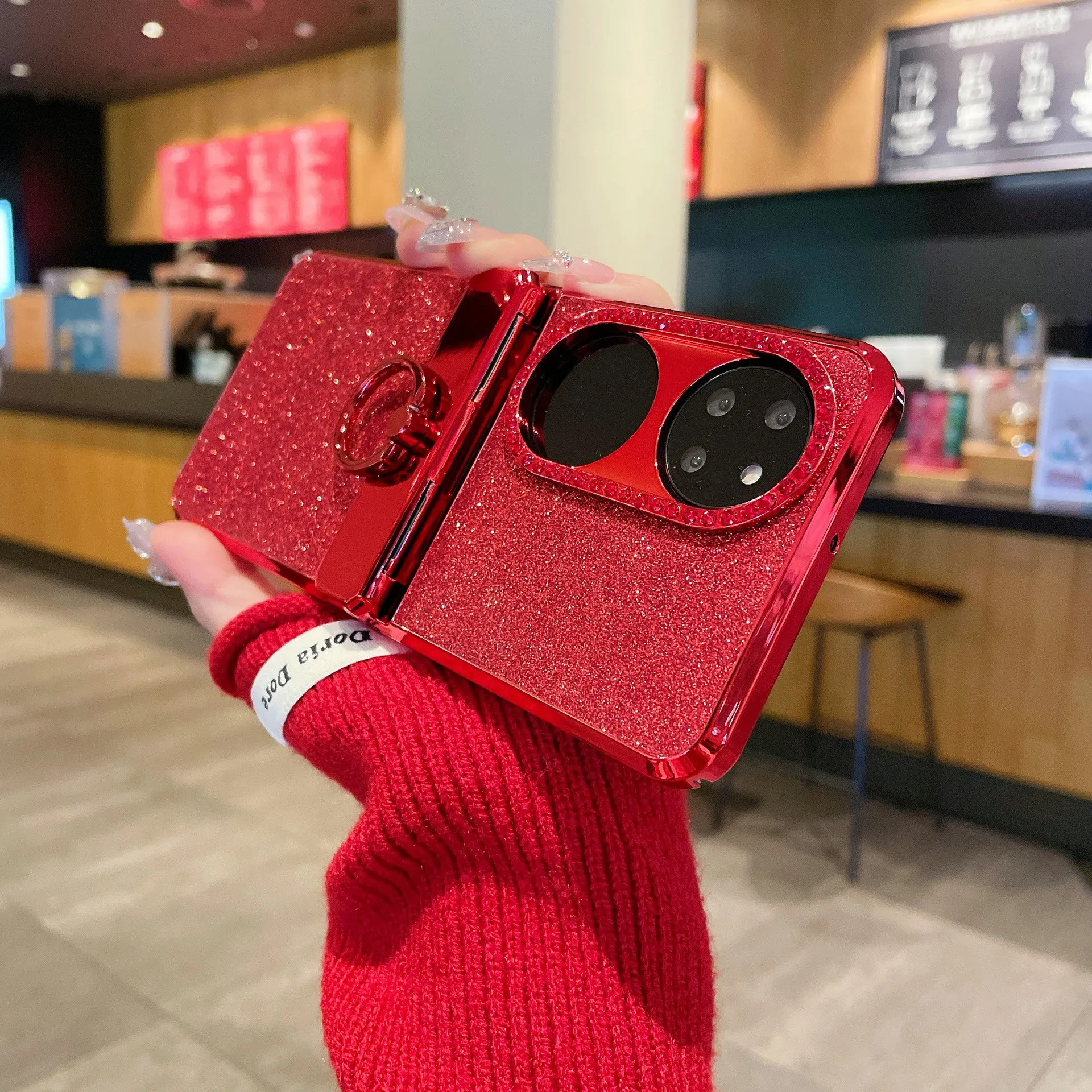 Huawei Pocket 2 phone case, P50 foldable screen protective leather case, glittery vegan leather, New Year case, hinge protection, drop-proof.