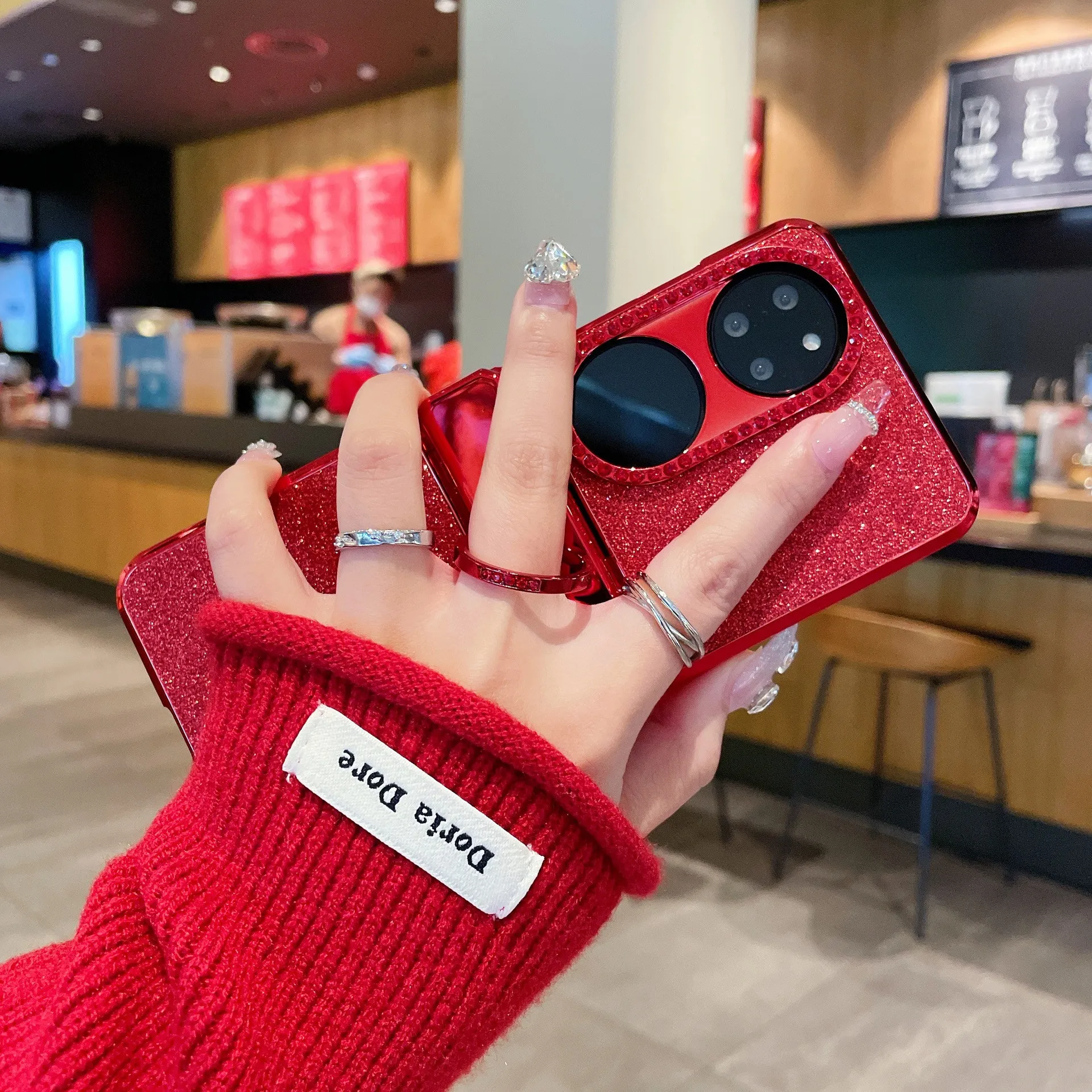 Huawei Pocket 2 phone case, P50 foldable screen protective leather case, glittery vegan leather, New Year case, hinge protection, drop-proof.