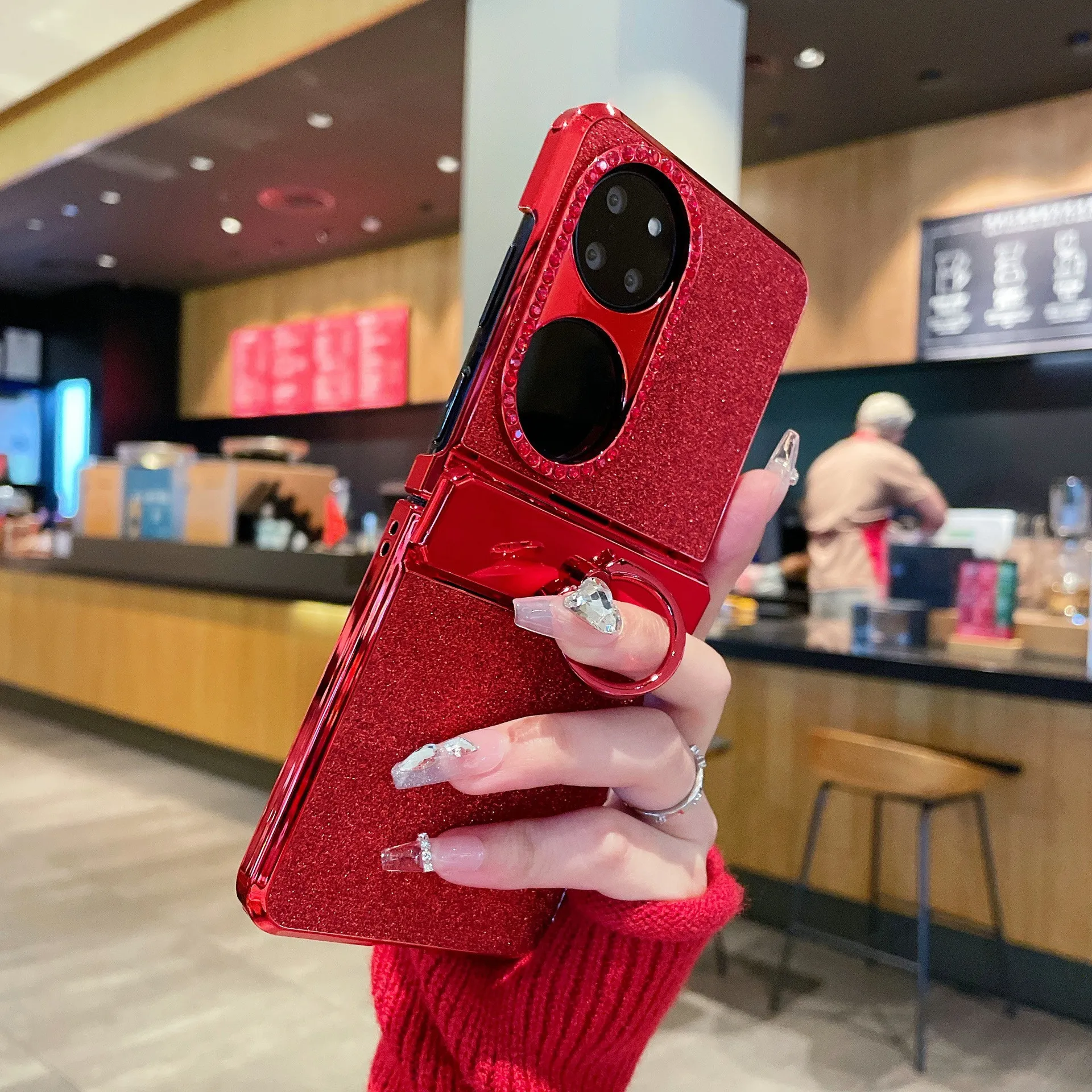 Huawei Pocket 2 phone case, P50 foldable screen protective leather case, glittery vegan leather, New Year case, hinge protection, drop-proof.