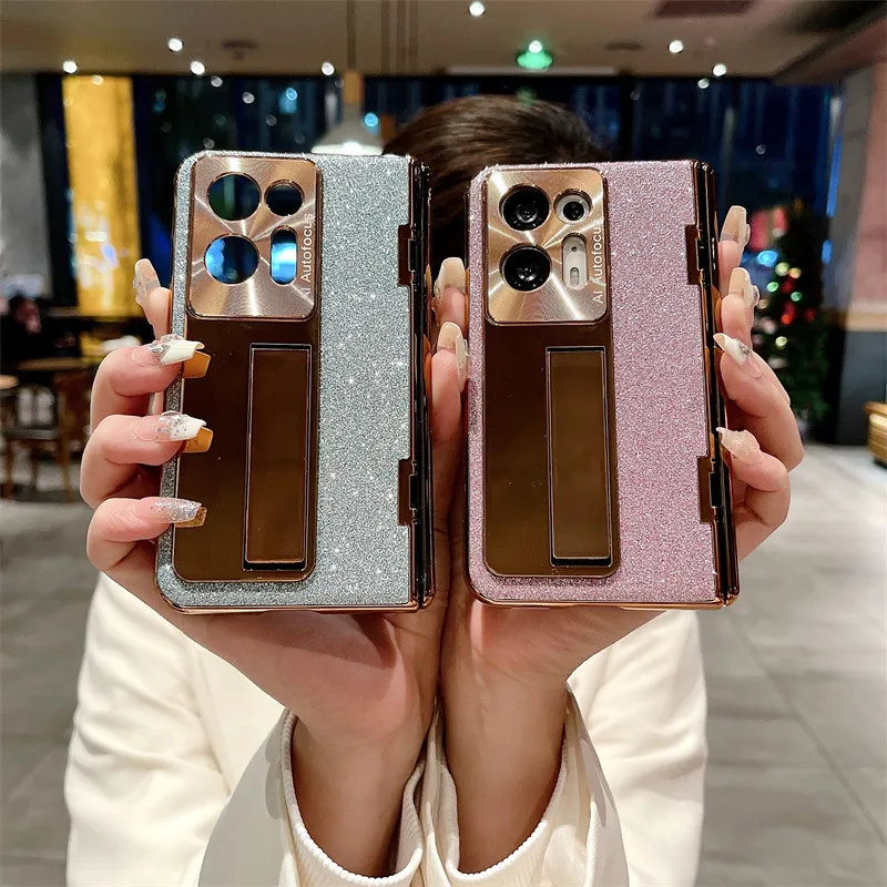 Compatible with OPPO Find N2 phone case, foldable screen protector, integrated glitter stand, drop-proof protective case