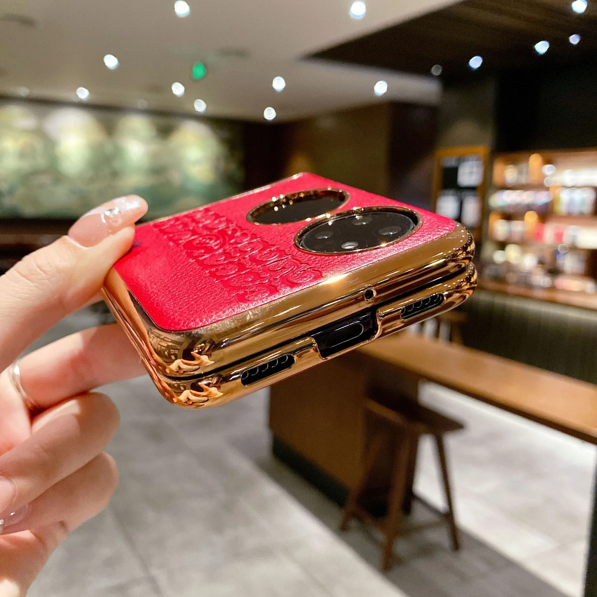Huawei P50 Pocket Phone Case, P50 Treasure Box Foldable Screen Protective Leather Case, Vegan Leather with "Fu" Character, 5G Drop-Proof Applicable