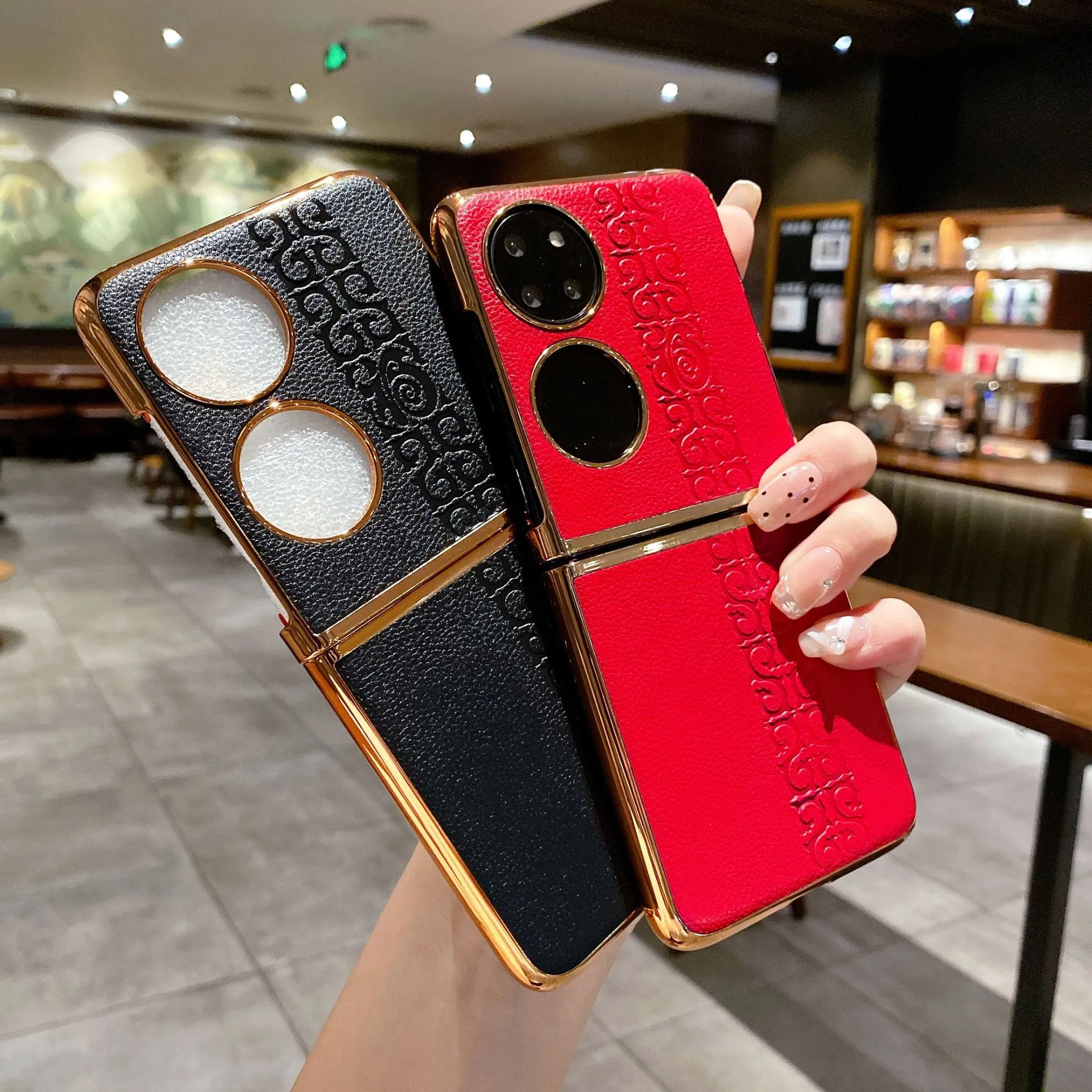 Huawei P50 Pocket Phone Case, P50 Treasure Box Foldable Screen Protective Leather Case, Vegan Leather with "Fu" Character, 5G Drop-Proof Applicable
