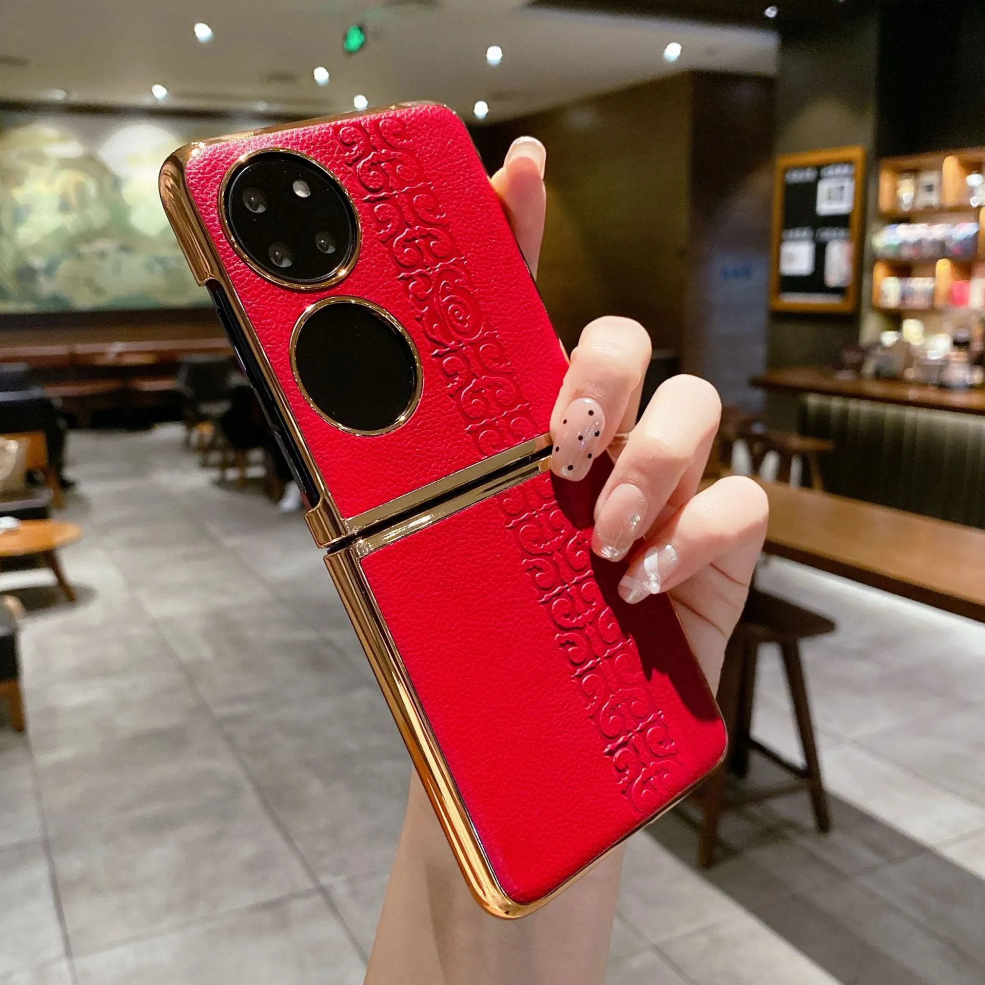Huawei P50 Pocket Phone Case, P50 Treasure Box Foldable Screen Protective Leather Case, Vegan Leather with "Fu" Character, 5G Drop-Proof Applicable
