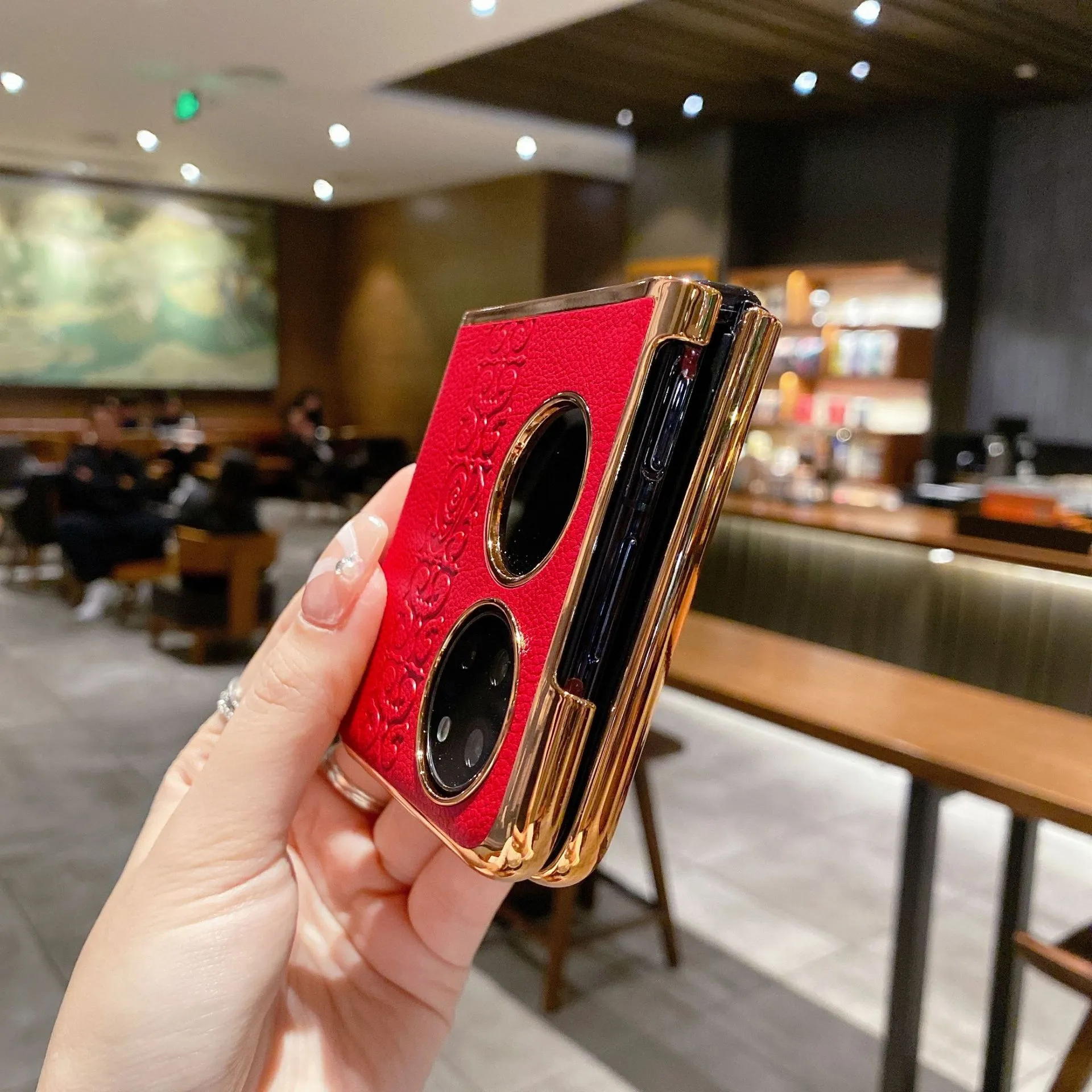 Huawei P50 Pocket Phone Case, P50 Treasure Box Foldable Screen Protective Leather Case, Vegan Leather with "Fu" Character, 5G Drop-Proof Applicable