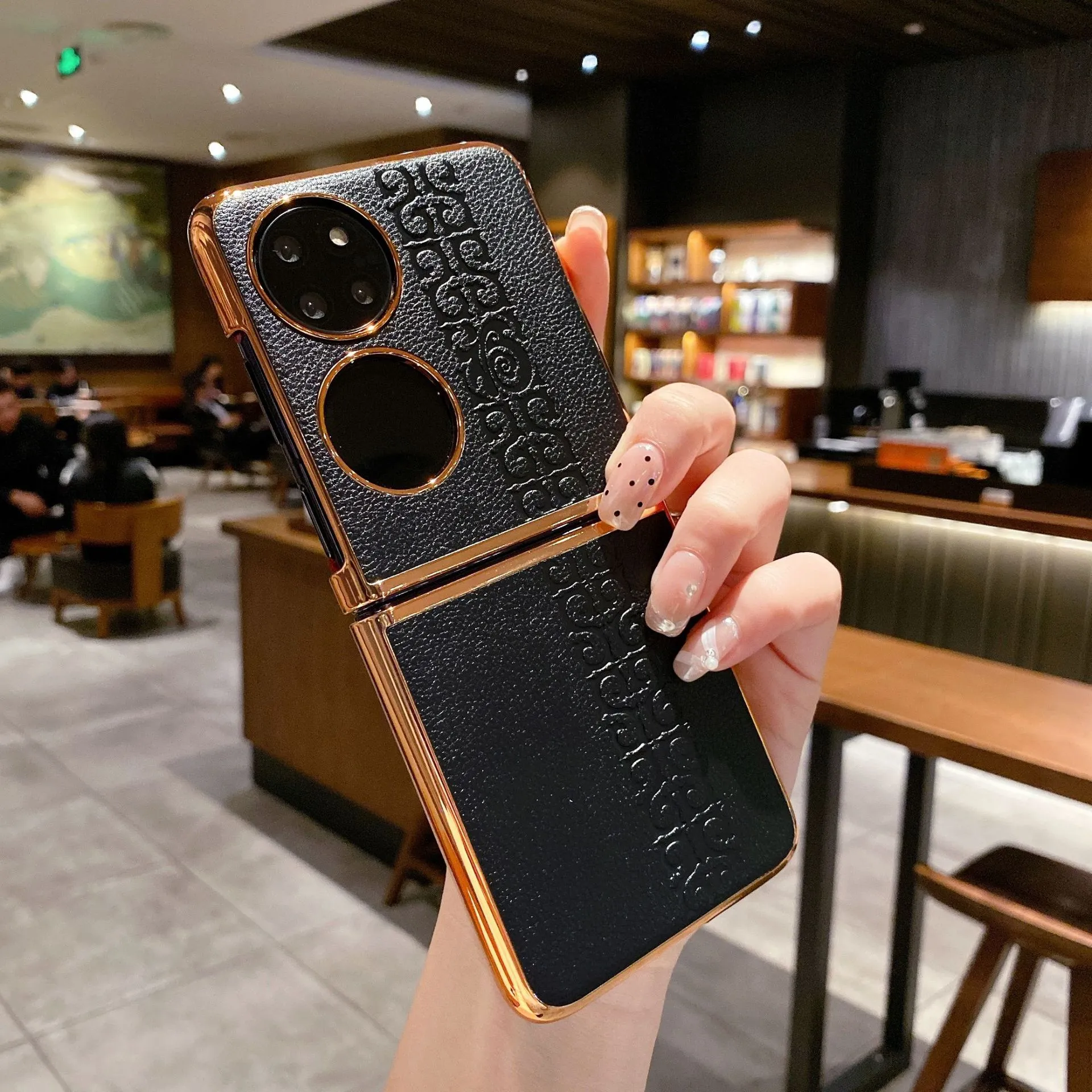 Huawei P50 Pocket Phone Case, P50 Treasure Box Foldable Screen Protective Leather Case, Vegan Leather with "Fu" Character, 5G Drop-Proof Applicable