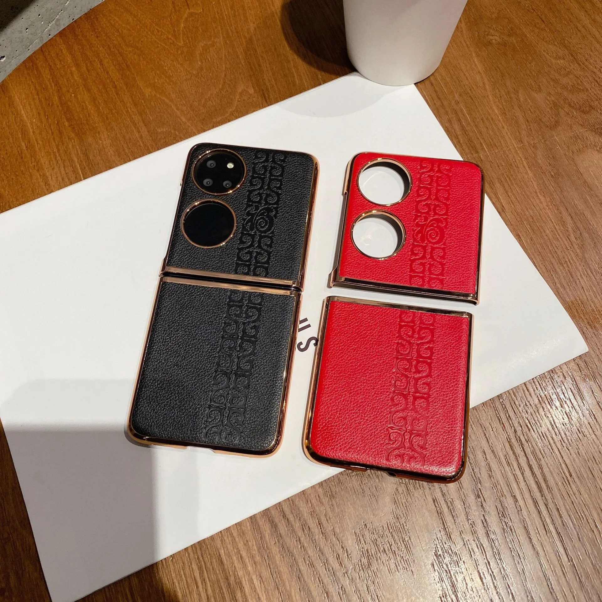 Huawei P50 Pocket Phone Case, P50 Treasure Box Foldable Screen Protective Leather Case, Vegan Leather with "Fu" Character, 5G Drop-Proof Applicable