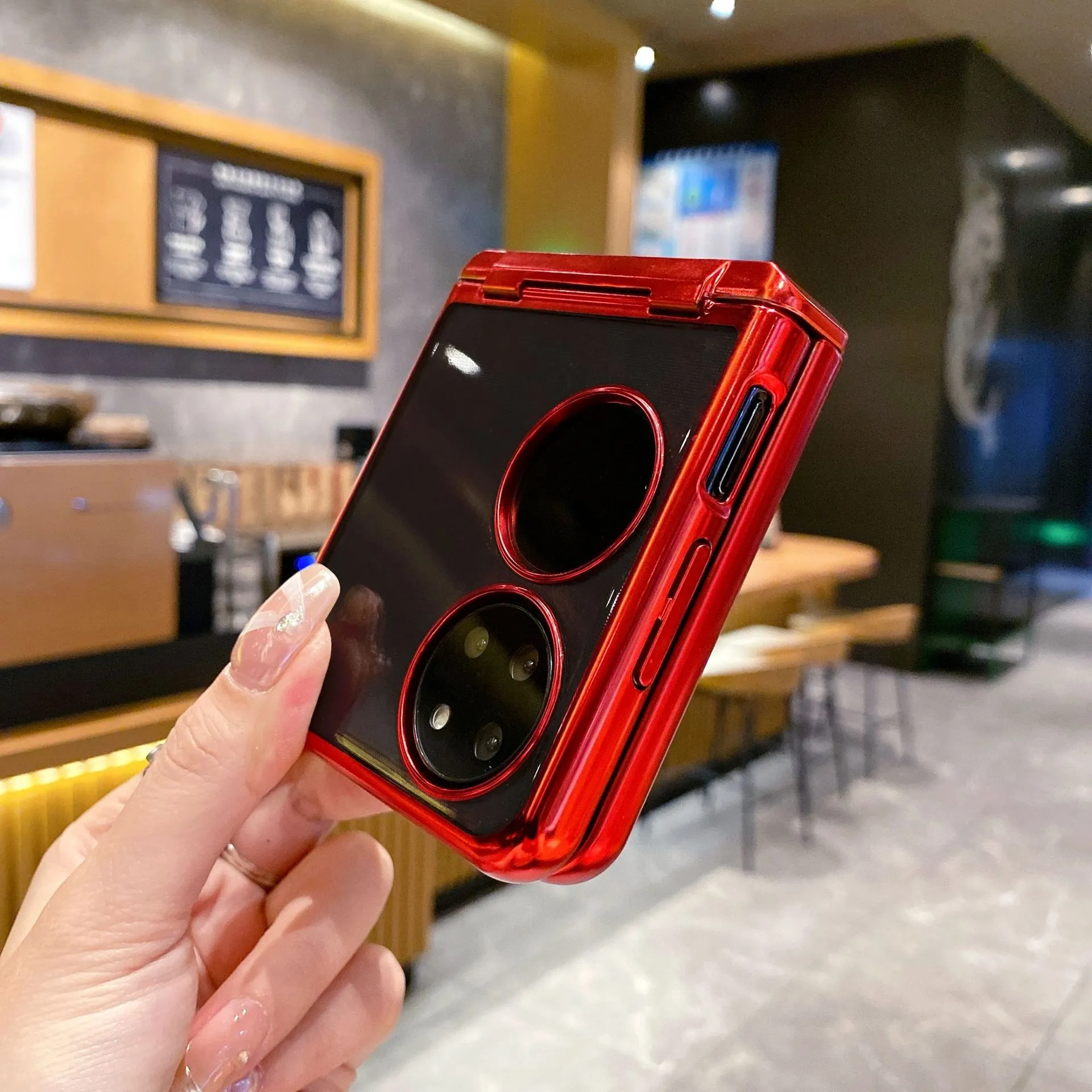 Huawei P50 Pocket phone case, foldable screen electroplated transparent protective case, P50 hinge bracket, drop-proof case.
