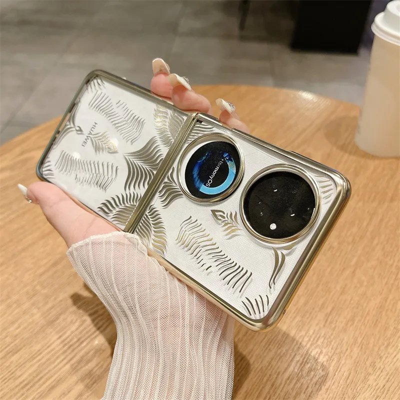 Huawei Pocket 2 foldable screen electroplated transparent case, P50 treasure box angel wing anti-drop case, suitable for drop protection.