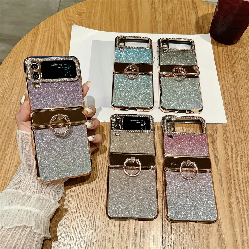 Compatible with Samsung ZFlip 4 phone case, ZFLIP 3 foldable screen diamond glitter full-coverage drop-proof protective leather case