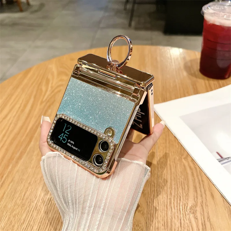 Compatible with Samsung ZFlip 4 phone case, ZFLIP 3 foldable screen diamond glitter full-coverage drop-proof protective leather case