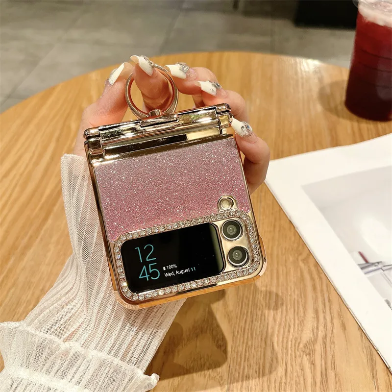 Compatible with Samsung ZFlip 4 phone case, ZFLIP 3 foldable screen diamond glitter full-coverage drop-proof protective leather case