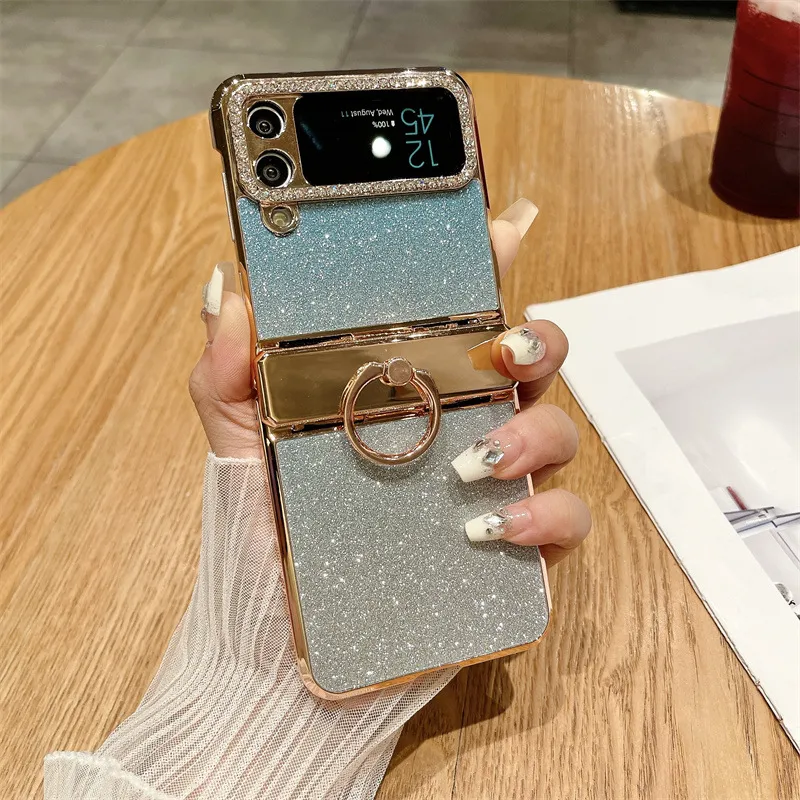 Compatible with Samsung ZFlip 4 phone case, ZFLIP 3 foldable screen diamond glitter full-coverage drop-proof protective leather case