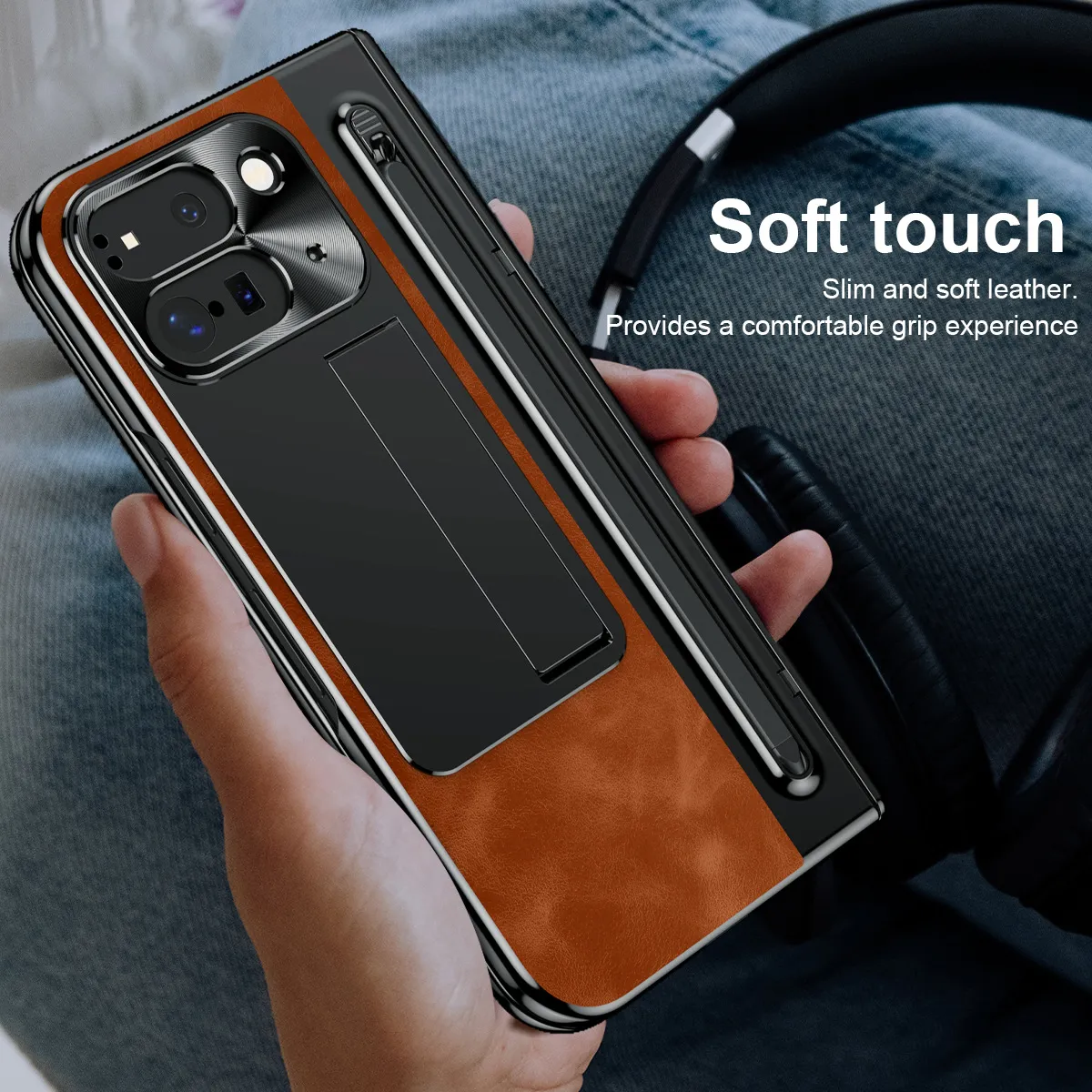 Compatible with Google Pixel 9 Pro phone case, featuring a leather hinge and full-coverage drop protection.