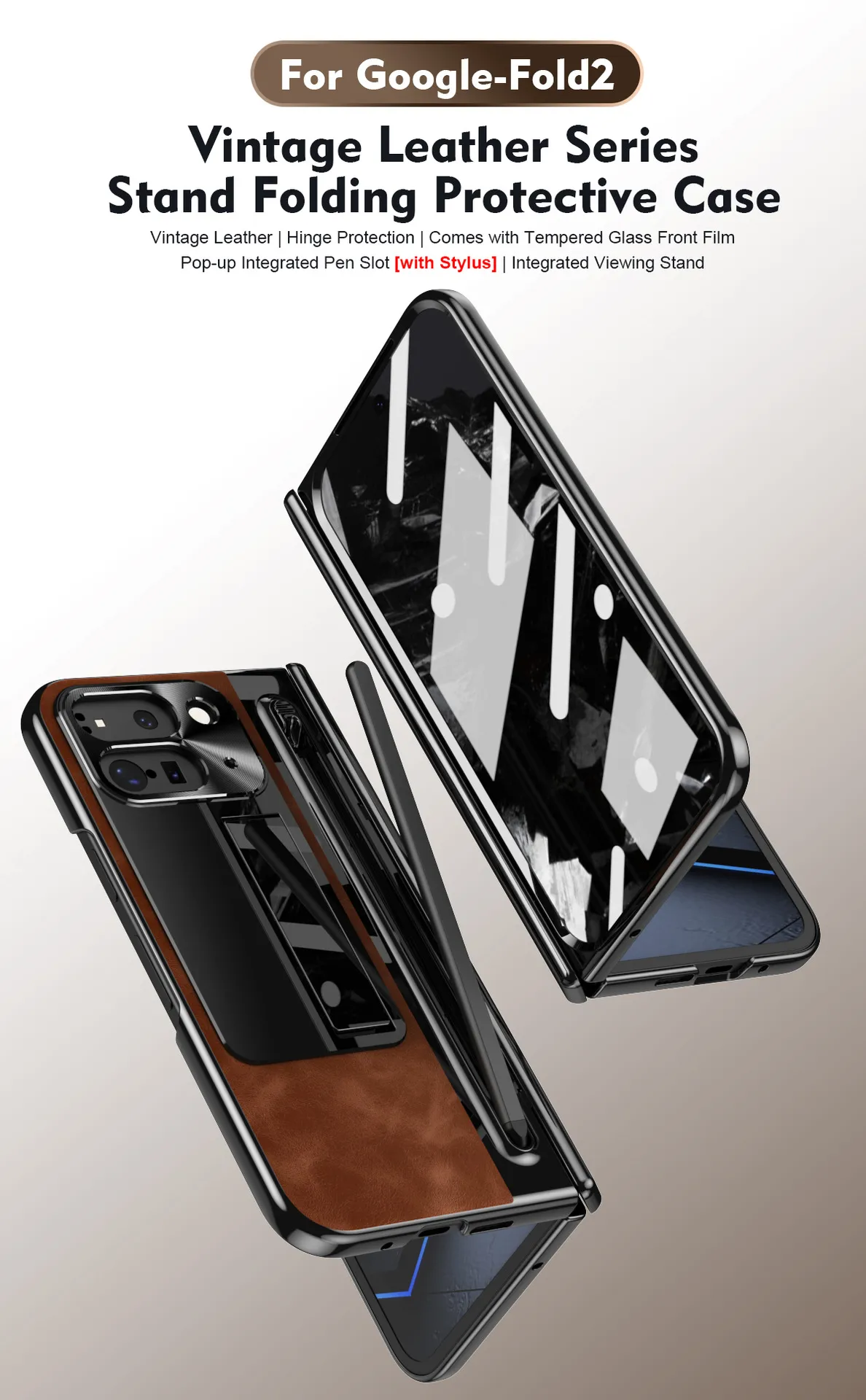 Compatible with Google Pixel 9 Pro phone case, featuring a leather hinge and full-coverage drop protection.