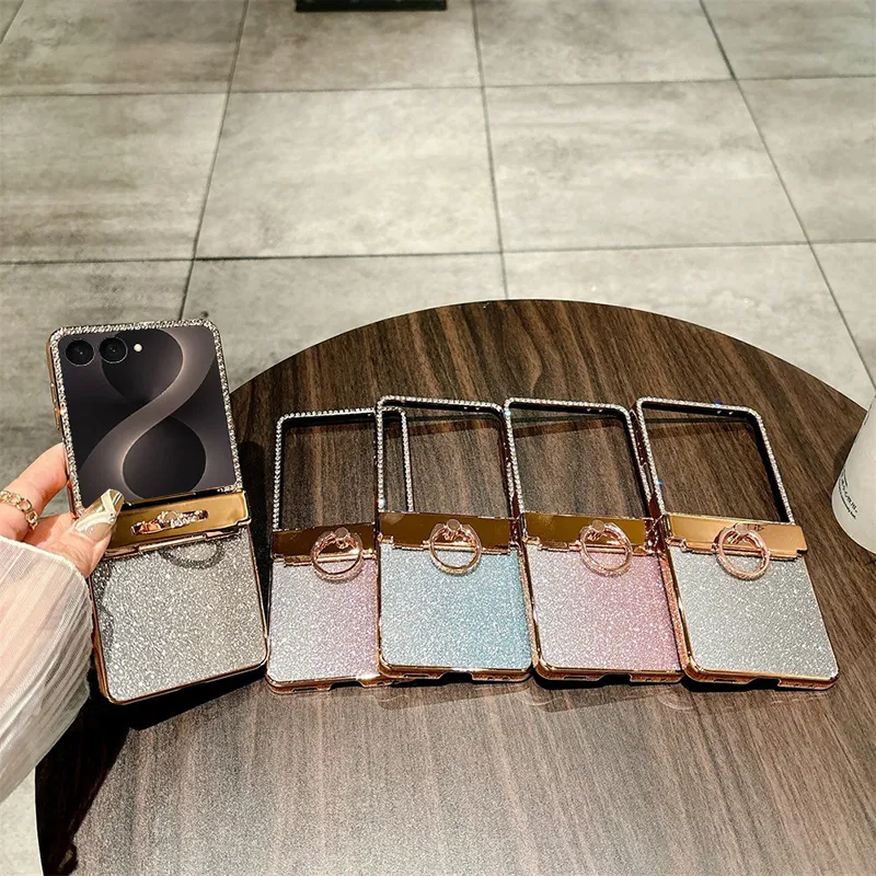 Compatible with Samsung ZFlip 8 phone case, ZFLIP 7 foldable screen glitter ring hinge full-coverage drop-proof protective leather case
