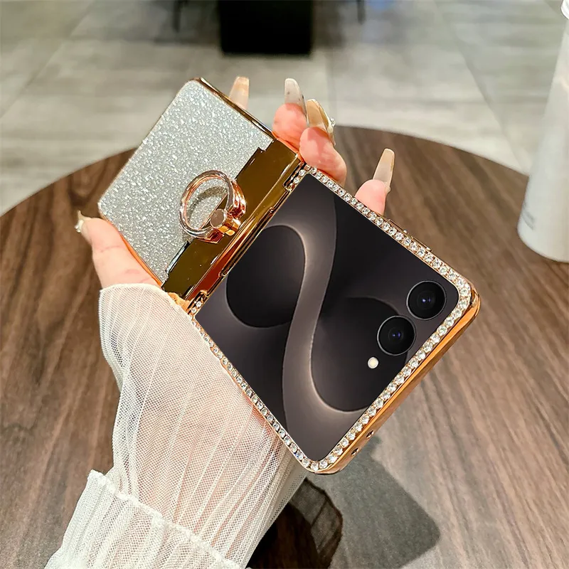 Compatible with Samsung ZFlip 8 phone case, ZFLIP 7 foldable screen glitter ring hinge full-coverage drop-proof protective leather case