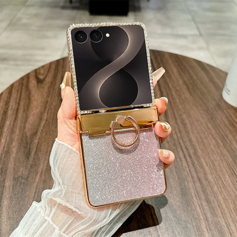 Compatible with Samsung ZFlip 8 phone case, ZFLIP 7 foldable screen glitter ring hinge full-coverage drop-proof protective leather case