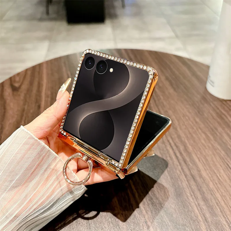 Compatible with Samsung ZFlip 8 phone case, ZFLIP 7 foldable screen glitter ring hinge full-coverage drop-proof protective leather case