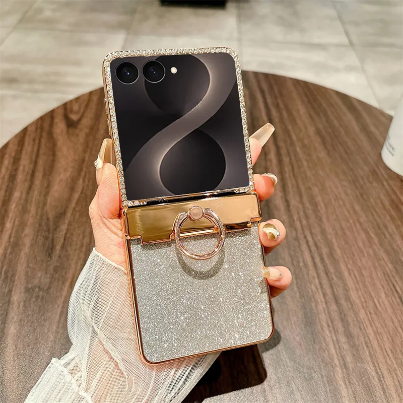 Compatible with Samsung ZFlip 8 phone case, ZFLIP 7 foldable screen glitter ring hinge full-coverage drop-proof protective leather case